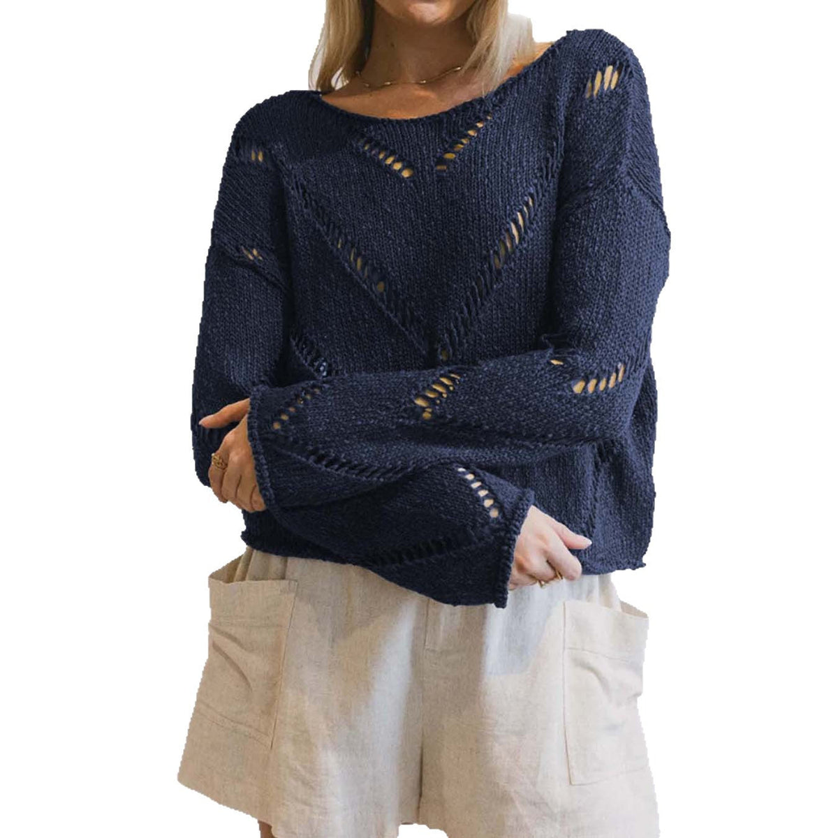 Damen lässiger Strickpullover mit luftiger Maschenstruktur