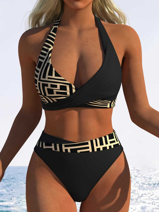 Damen Hoch geschnittenes Bikini-Set mit modischem Wickeloberteil und elastischem Bund R&B