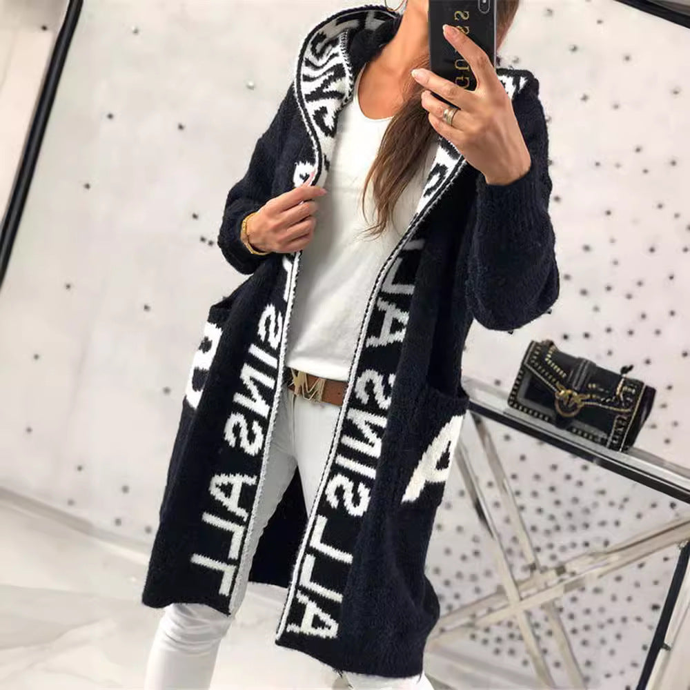 Damen Langarm-Strickcardigan mit Kapuze und praktischen Taschen R&B