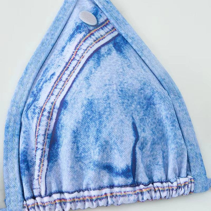 Damen Triangel-Bikini mit Jeans-Optik und geflochtenen Bindebändern R&B