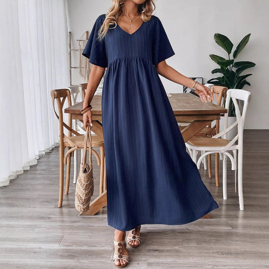 Damen Maxikleid mit feinen Falten und V-Ausschnitt R&B