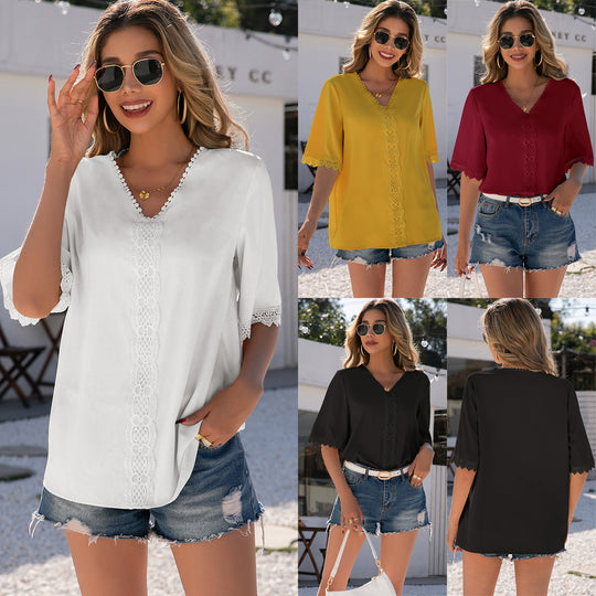 Damen elegante Bluse mit Spitzenbesatz und V-Ausschnitt R&B