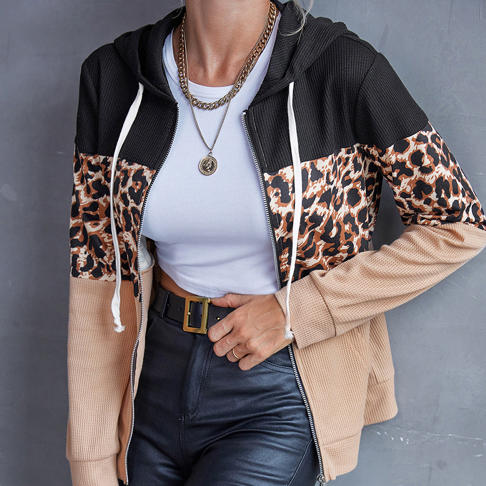 Damen modische Kapuzenjacke mit Tierdruck und kontrastierenden Ärmeln R&B