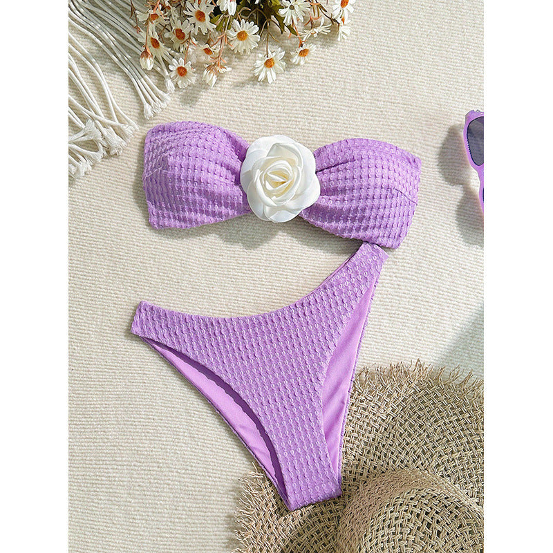 Damen Bandeau-Bikini mit dekorativen Blumendetails und hohem Beinausschnitt R&B