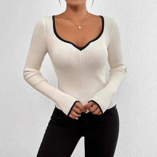Damen Langarm Body mit V-Ausschnitt und feinen Rippdetails R&B