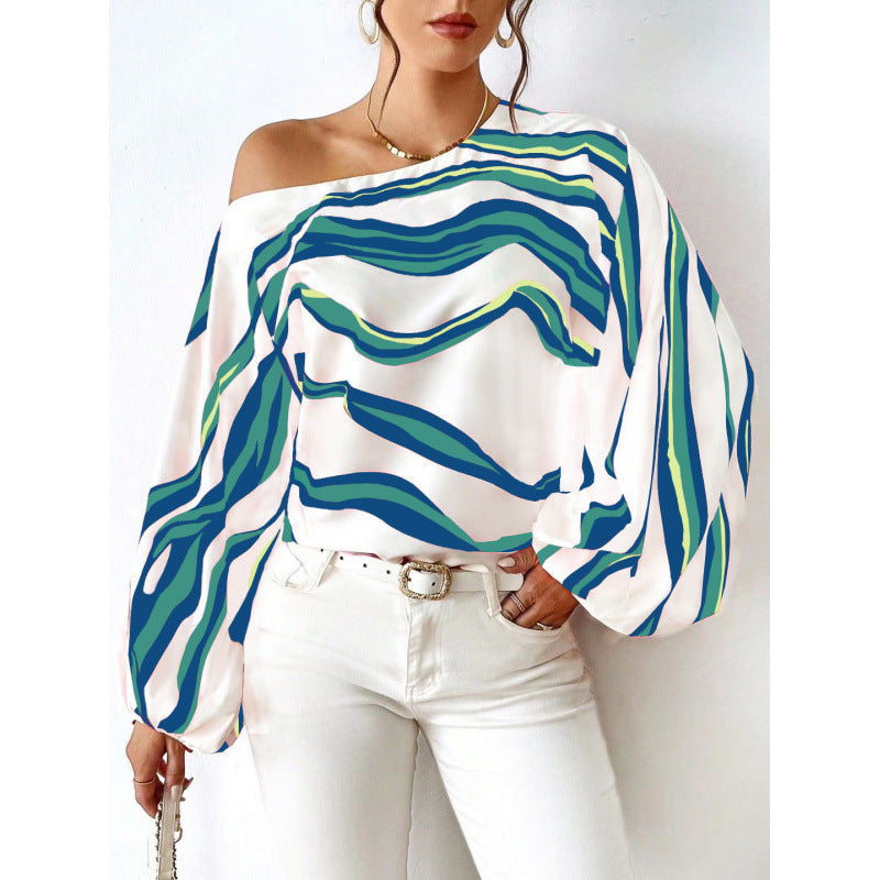 Damen Off-Shoulder Bluse mit voluminösen Ärmeln und maritimem Wellenmuster R&B