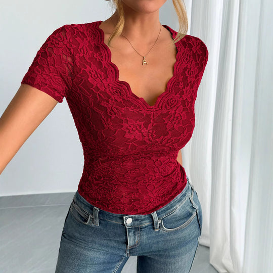 Damen Elegantes Spitzenoberteil mit tiefem V-Ausschnitt und konturiertem Schnitt R&B