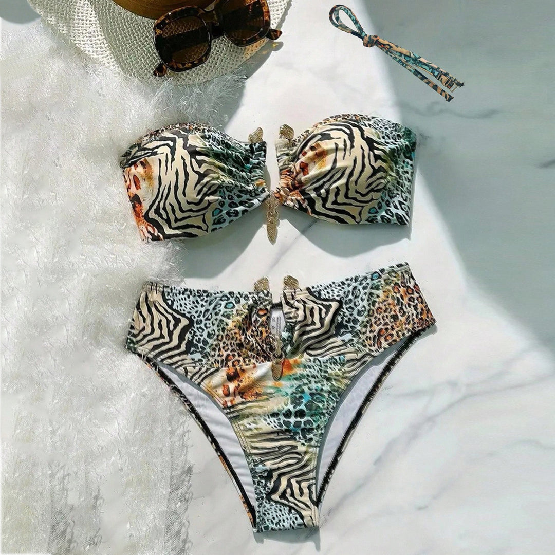 Damen Bandeau-Bikini mit animalischem Muster und dekorativem Verschluss R&B
