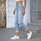 Damen Hochgeschnittene Jeans mit ausgefranztem Saum R&B