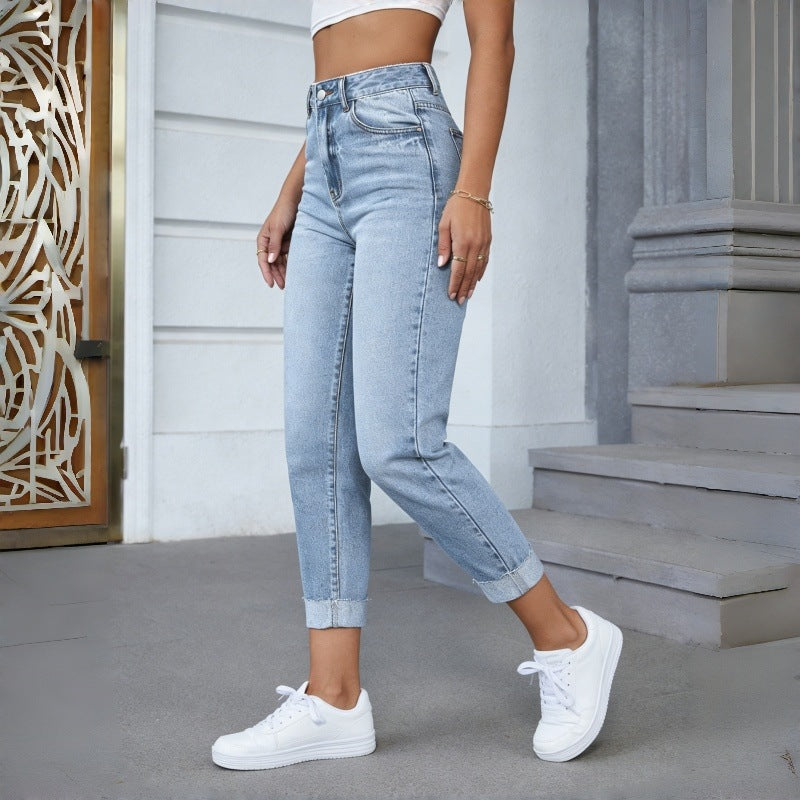 Damen Hochgeschnittene Jeans mit ausgefranztem Saum R&B