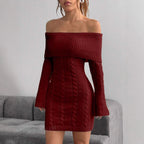 Damen Off-Shoulder Strickkleid mit Zopfmuster und voluminösen Ärmeln