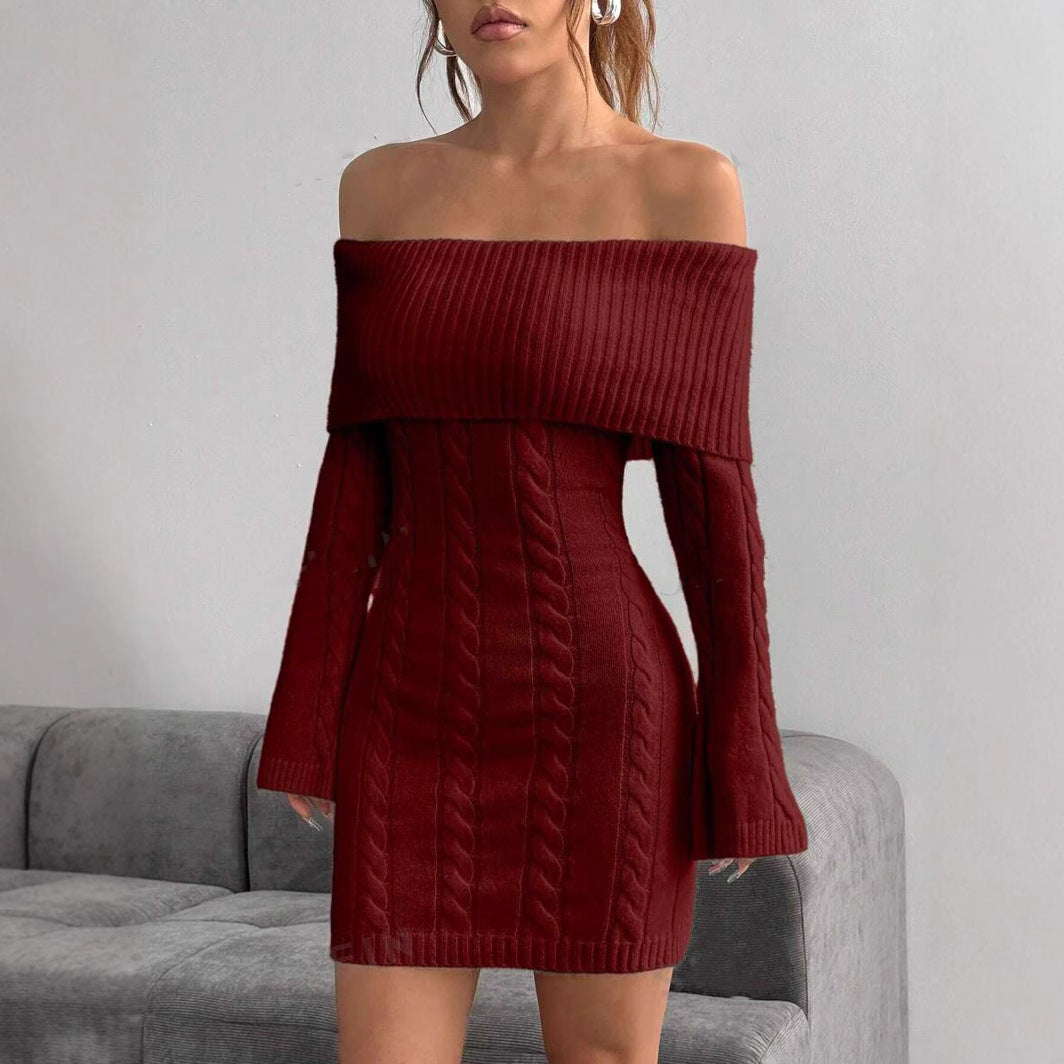 Damen Off-Shoulder Strickkleid mit Zopfmuster und voluminösen Ärmeln