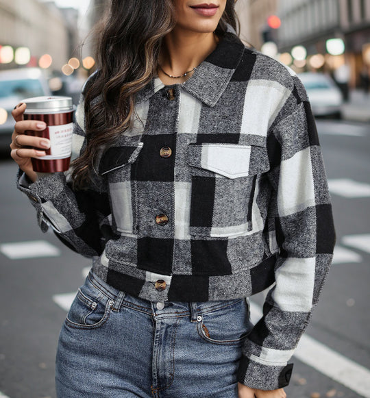 Damen Karierte Baumwolljacke mit modischem Schnitt und Taschen R&B