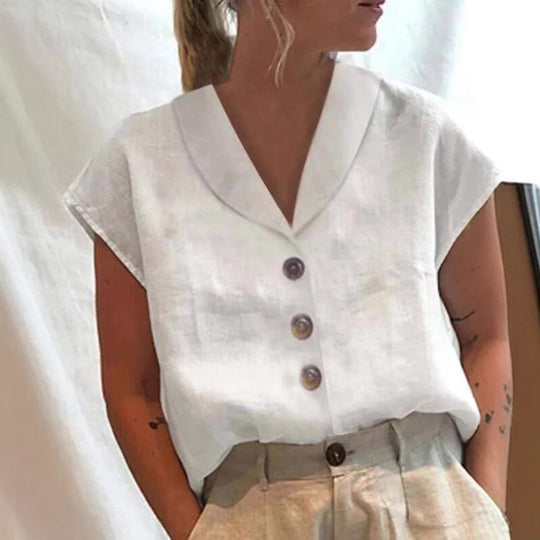 Damen nan luftige Leinenbluse mit weitem V-Kragen, überschnittener Schulter und Zierknopfleiste R&B