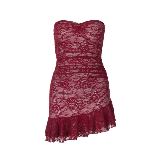 Damen Spitzenkleid mit schulterfreiem Design und eleganter Rüschendetail R&B