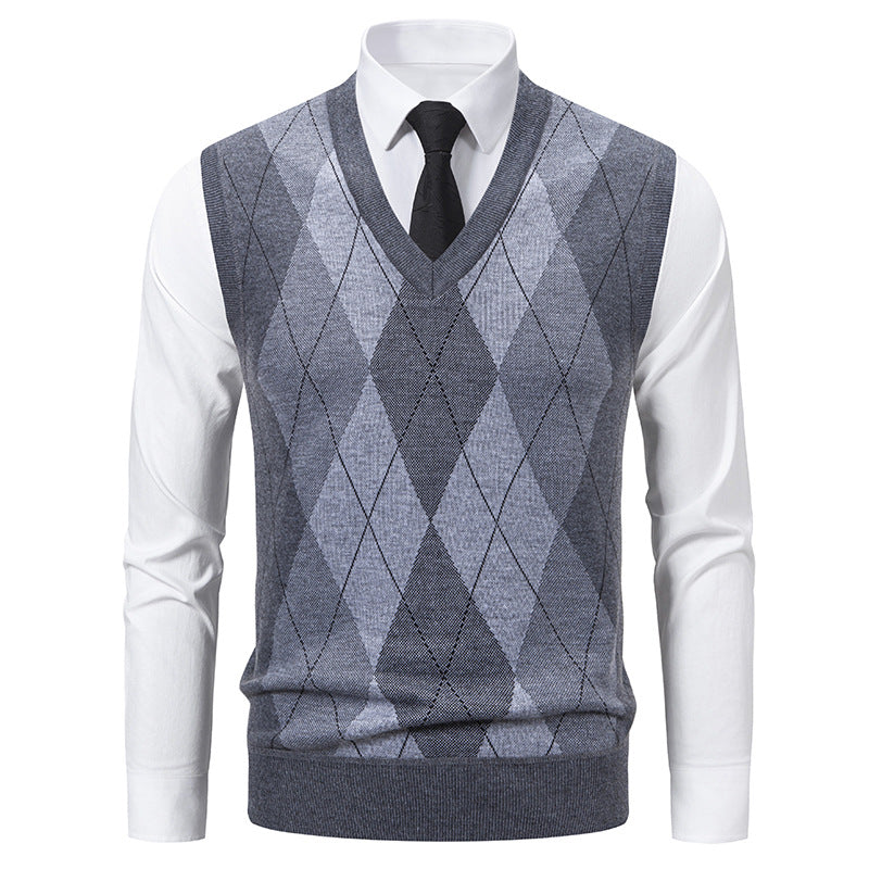 Herren V-Ausschnitt Strickpullover mit elegantem Rautenmuster R&B