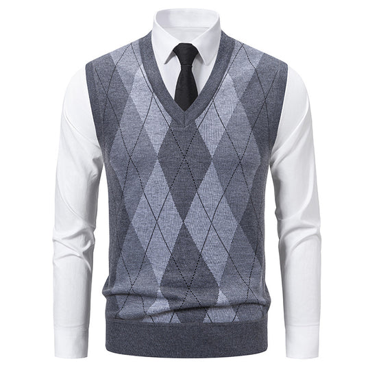 Herren V-Ausschnitt Strickpullover mit elegantem Rautenmuster R&B