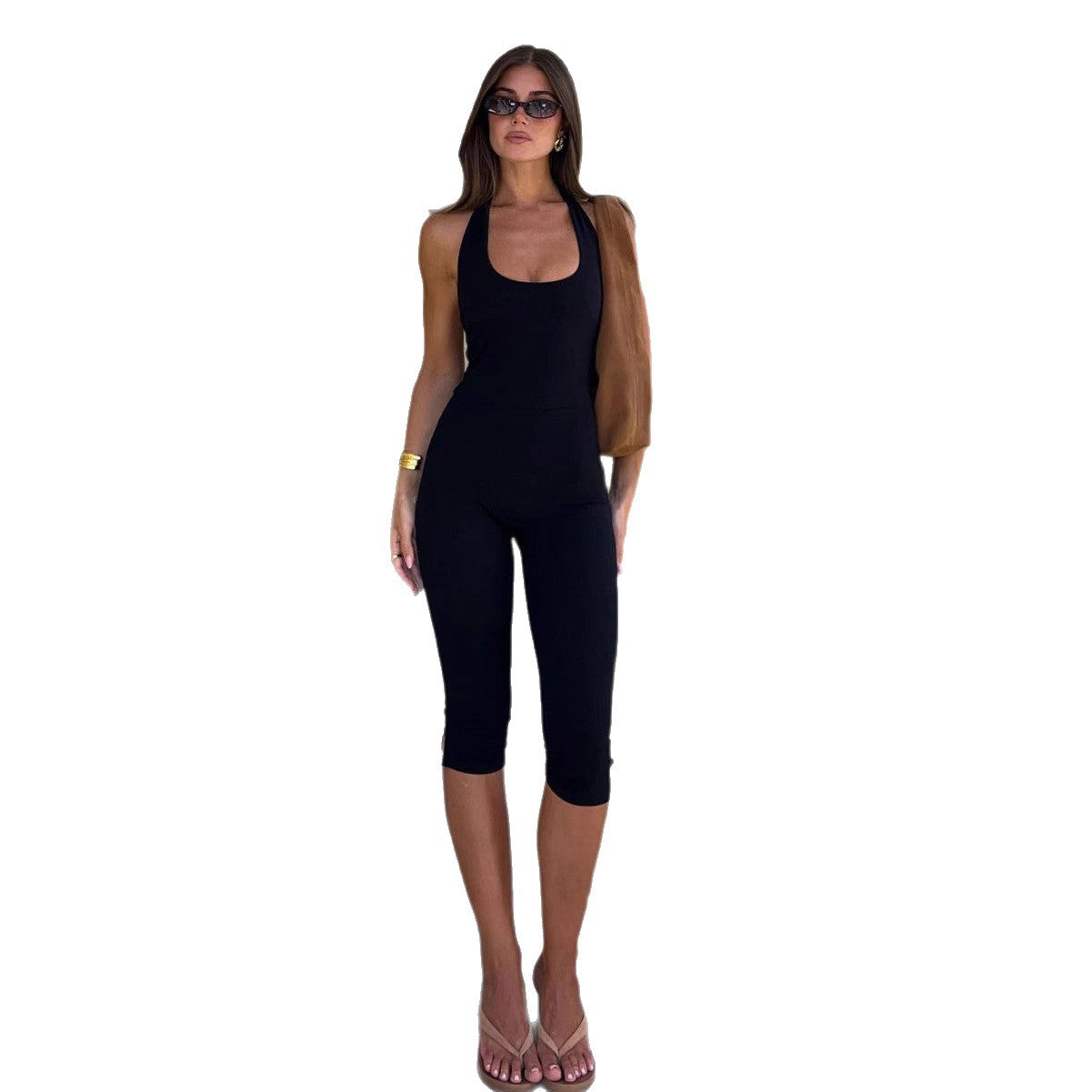 Damen Langärmliger Jumpsuit mit tiefem Ausschnitt und figurbetontem Design R&B