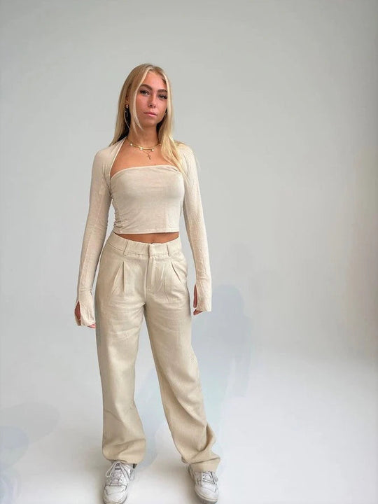 Damen lässiges Zweiteiler-Set mit cropped Oberteil und weiten Hosen R&B
