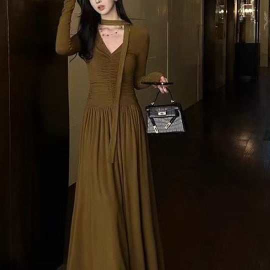 Damen elegantes Maxi-Kleid mit raffiniertem V-Ausschnitt und langen Ärmeln R&B