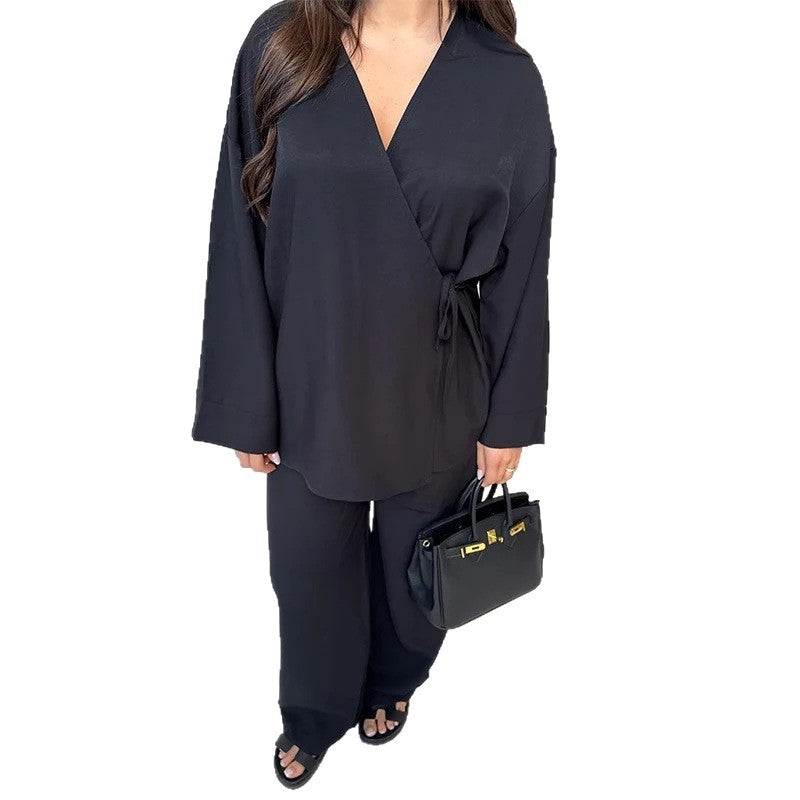 Damen Leichtes Loungewear Set mit Wickeljacke und weiten Haremshosen R&B