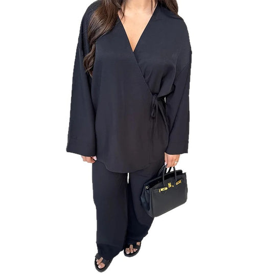 Damen Leichtes Loungewear Set mit Wickeljacke und weiten Haremshosen R&B