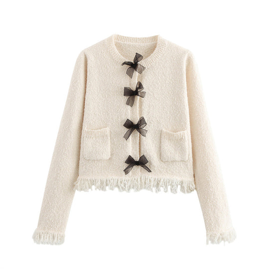 Damen Bouclé-Jacke mit eleganten Schleifen und Fransen R&B