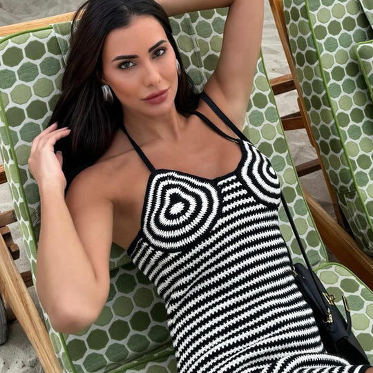 Damen Strickkleid mit geometrischem Muster und Spaghettiträgern R&B