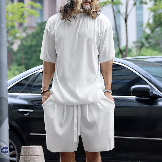 Herren nan modernes geripptes Freizeitset mit weitem Kurzarmshirt und elastischer Tunnelzughose R&B