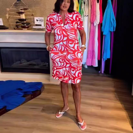 Damen Kurzarm Hemdkleid mit modernen grafischen Mustern und praktischen Eingrifftaschen R&B