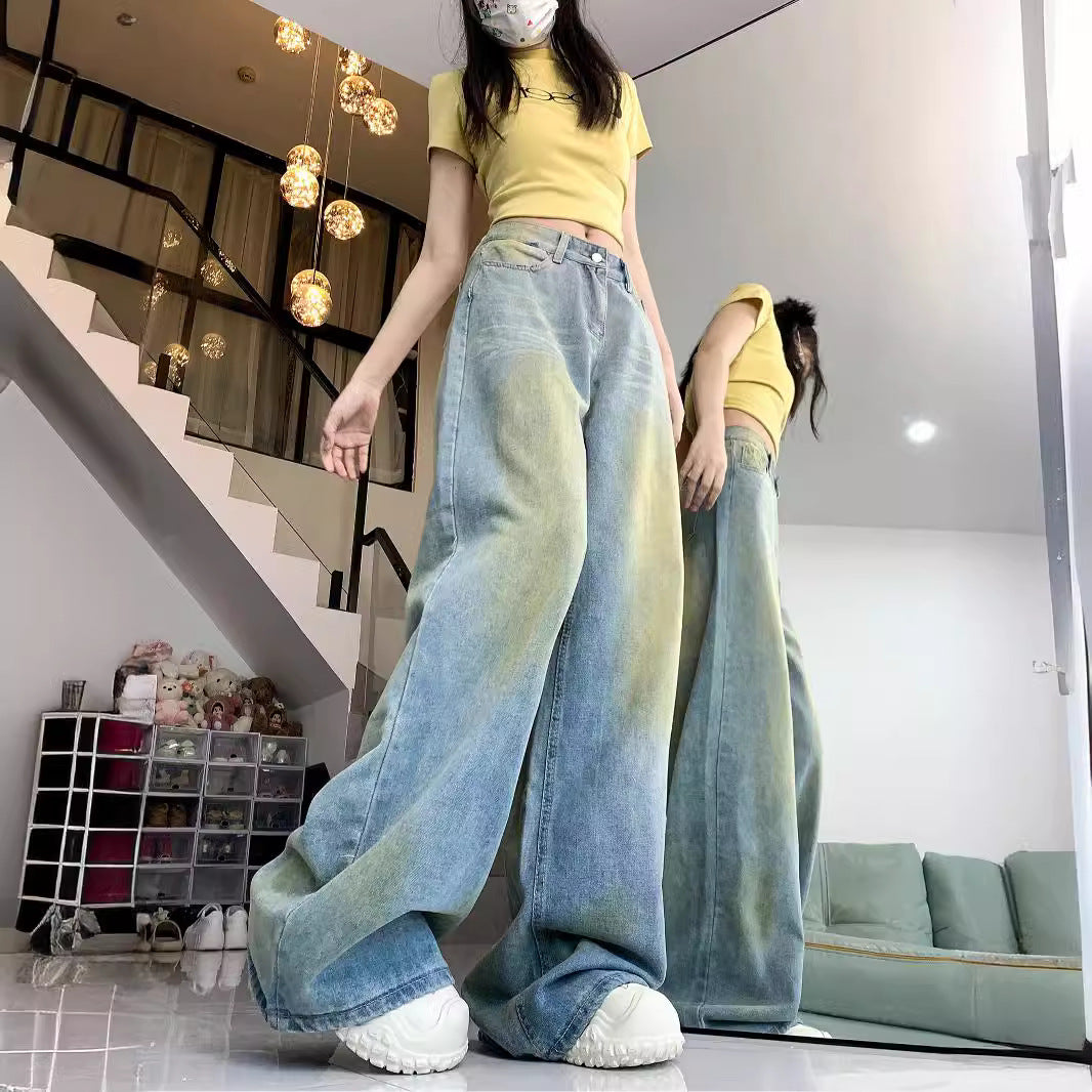Damen weite High-Waist Jeans im lässigen Stil mit individuellen Waschungen R&B