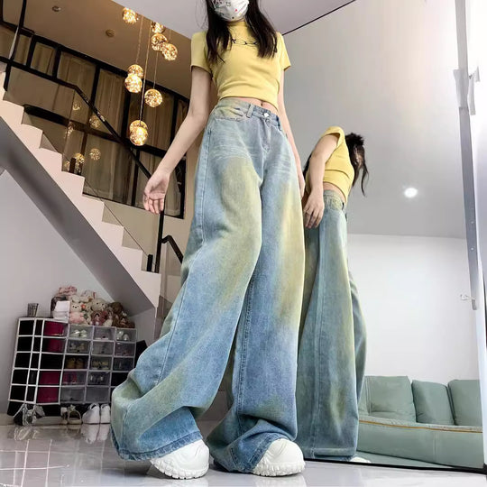 Damen weite High-Waist Jeans im lässigen Stil mit individuellen Waschungen R&B
