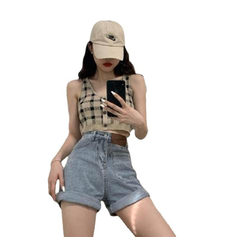 Damen Cropped Top mit Karomuster und Knopfdetail