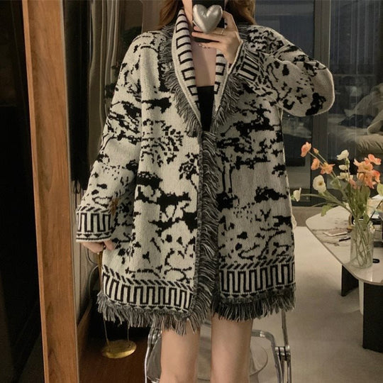 Damen Fransen-Strickjacke mit grafischem Muster und offenen Vorderteilen R&B