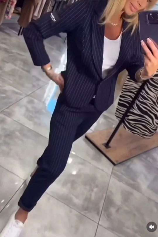 Damen Elegantes Blazer-Hosen-Set mit feinen Streifen R&B