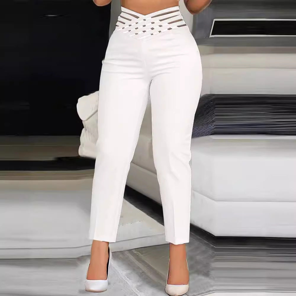 Damen stylische High-Waist Hosen mit transparentem Gitterbund R&B