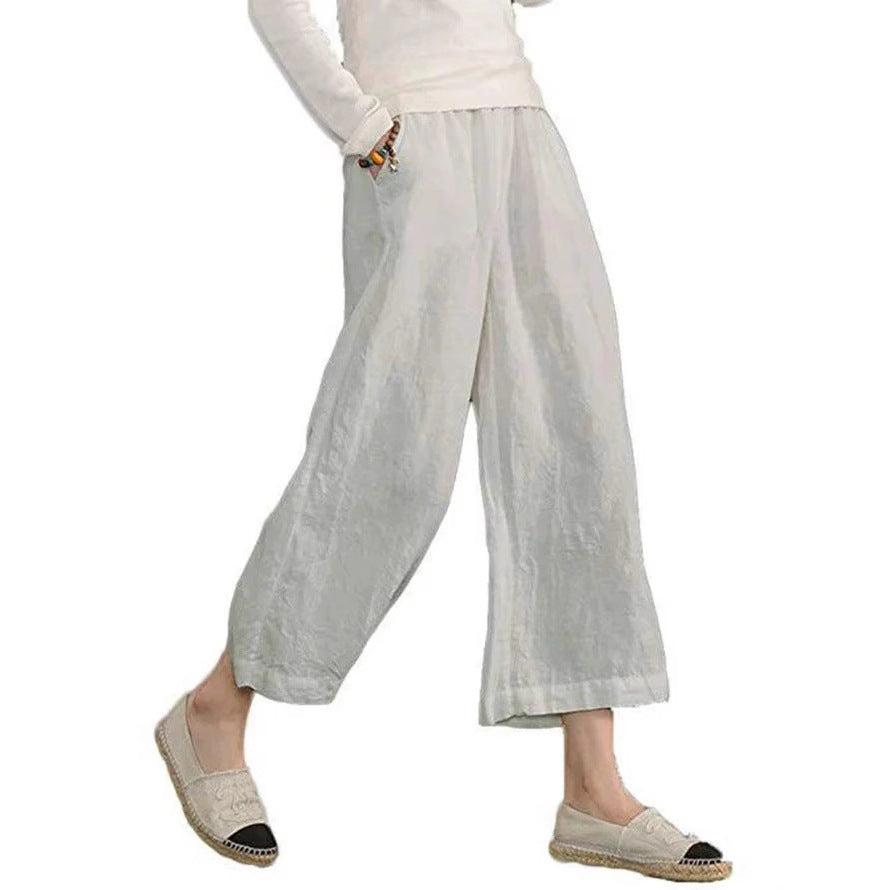 Damen weite Leinenhose mit seitlichen Taschen und elastischem Bund R&B