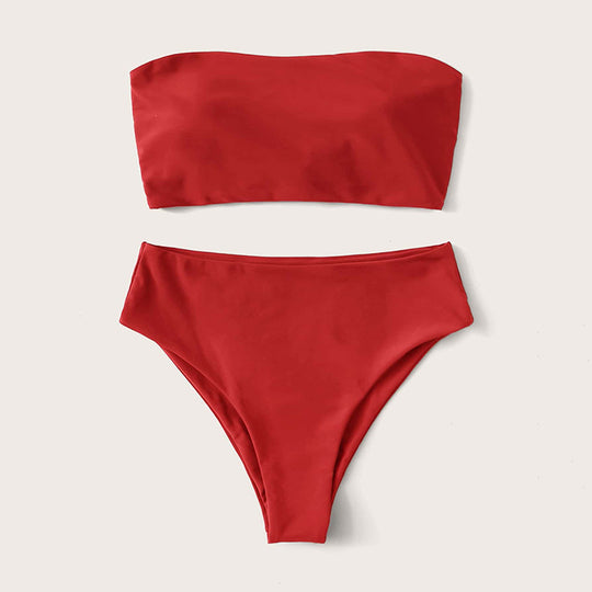 Damen Bandeau-Bikini-Set mit hohem Bund und raffiniertem Bindedetail R&B