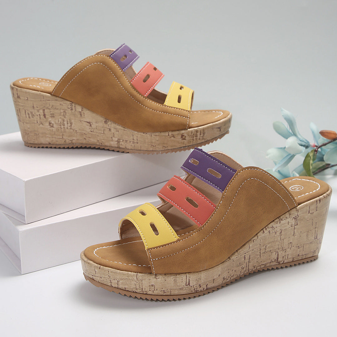 Damen modische Wedge-Pantoletten mit farbigen Trägern und komfortabler Sohle R&B