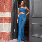 Damen Elegantes Maxikleid mit asymmetrischem Design und Spitzenverarbeitung R&B