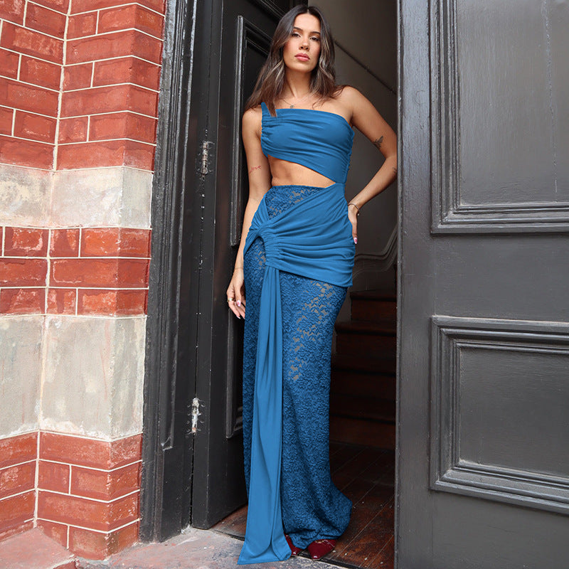 Damen Elegantes Maxikleid mit asymmetrischem Design und Spitzenverarbeitung R&B