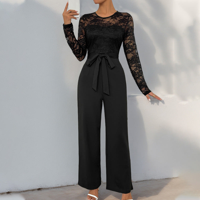Damen Eleganter Jumpsuit mit Spitzenoberteil und tailliertem Bund R&B