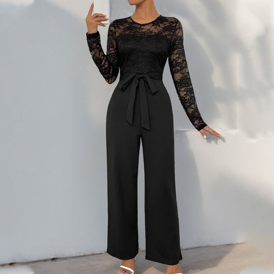 Damen Eleganter Jumpsuit mit Spitzenoberteil und tailliertem Bund R&B
