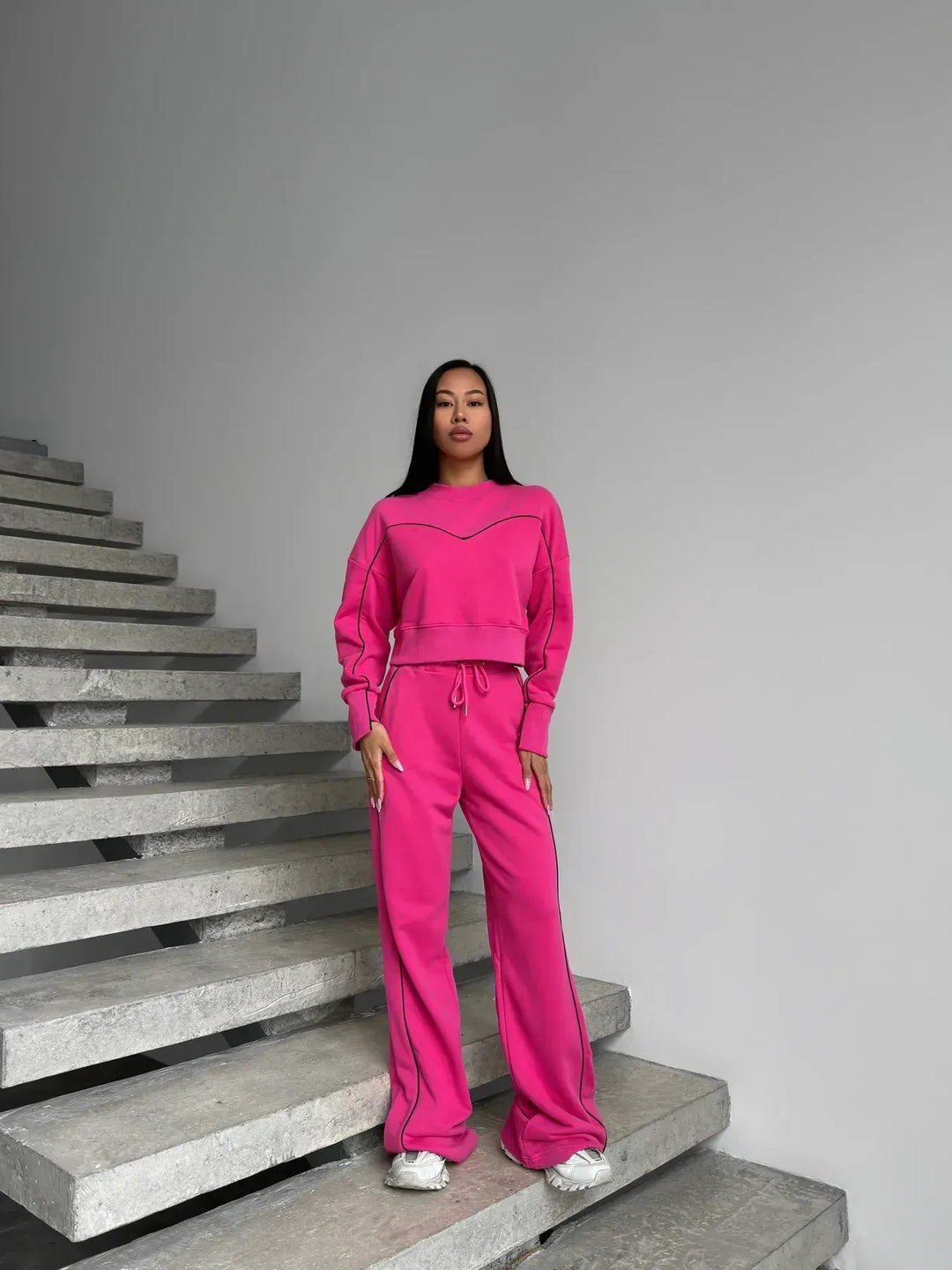 Damen lässiges Fleece-Set mit gemütlichem cropped Oberteil und weiten Hosen R&B