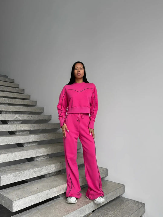 Damen lässiges Fleece-Set mit gemütlichem cropped Oberteil und weiten Hosen R&B