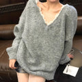 Damen Oversized Strickpullover mit V-Ausschnitt und zartem Spitzenrand R&B