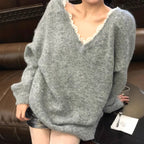 Damen Oversized Strickpullover mit V-Ausschnitt und zartem Spitzenrand R&B