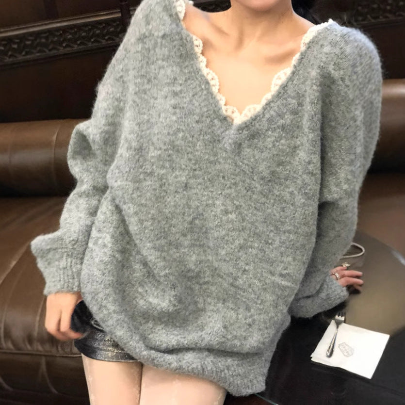 Damen Oversized Strickpullover mit V-Ausschnitt und zartem Spitzenrand R&B