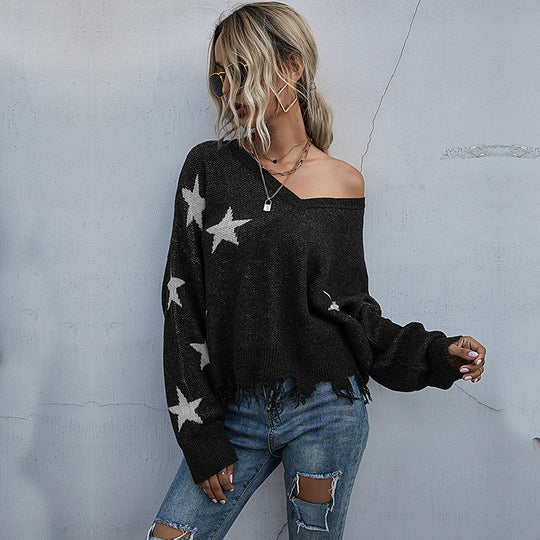 Damen lässiger Strickpullover mit asymmetrischem Schnitt und Sternenmuster R&B