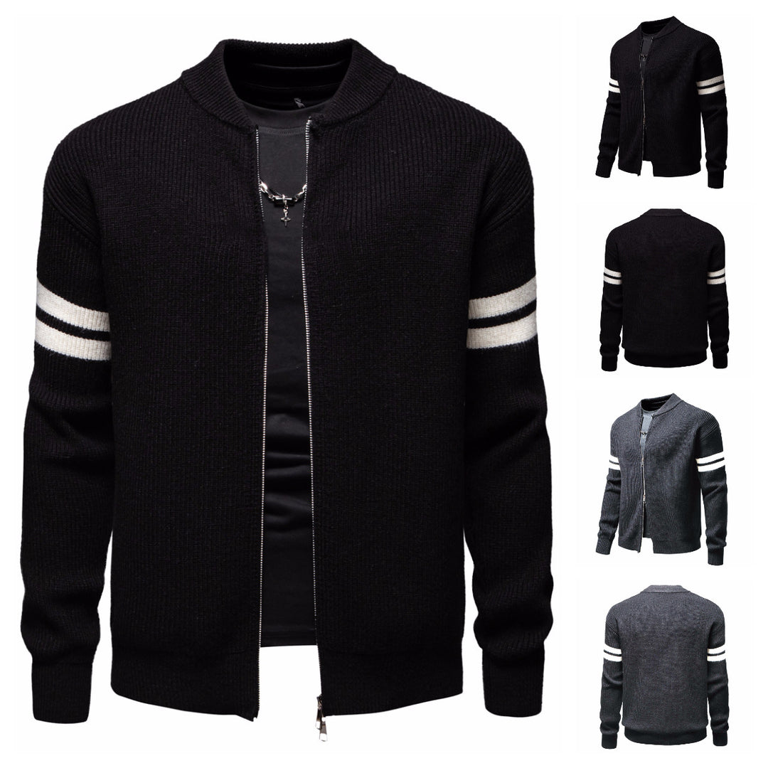Herren Strickjacke mit modernem Zipper und dekorativem Streifenmuster R&B